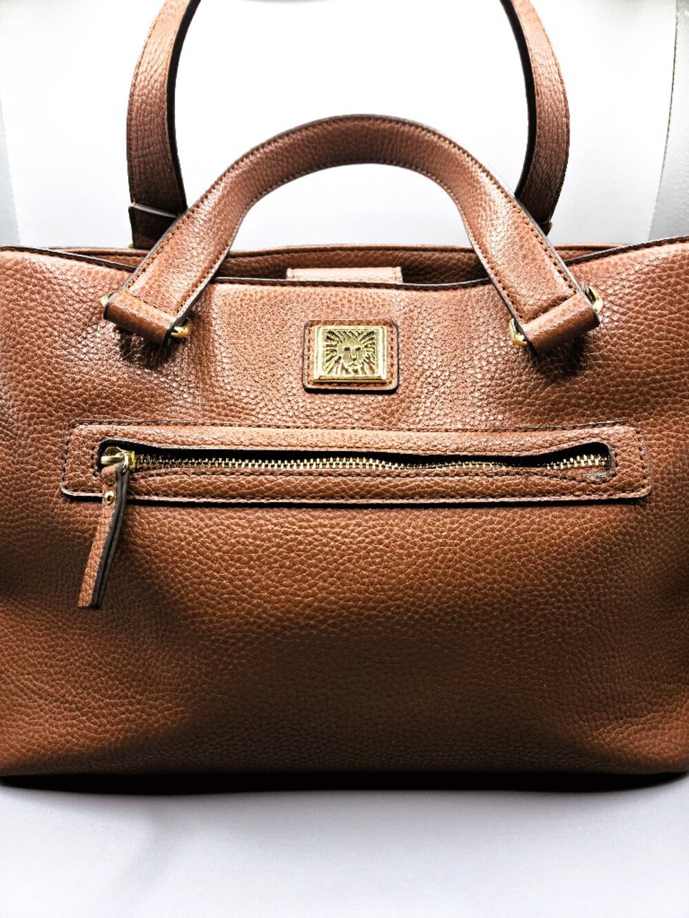 Anne Klein Brown Pebbled Leather Satchel Top Handle Structured Elegant Handbag